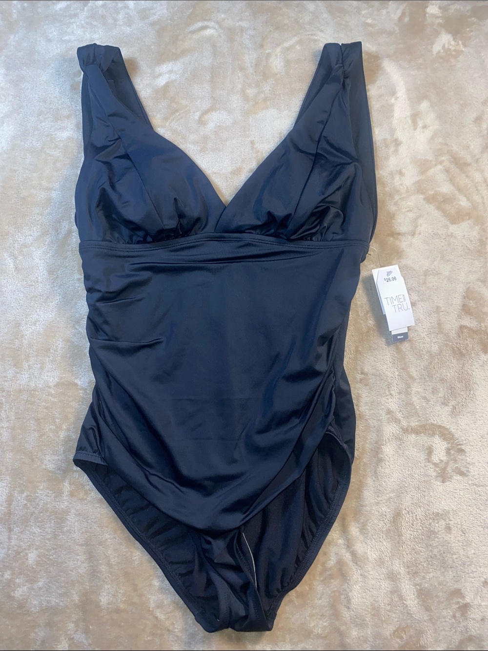 NWT Time and Tru Girls' Black One-Piece Swim Suit with V-Neck